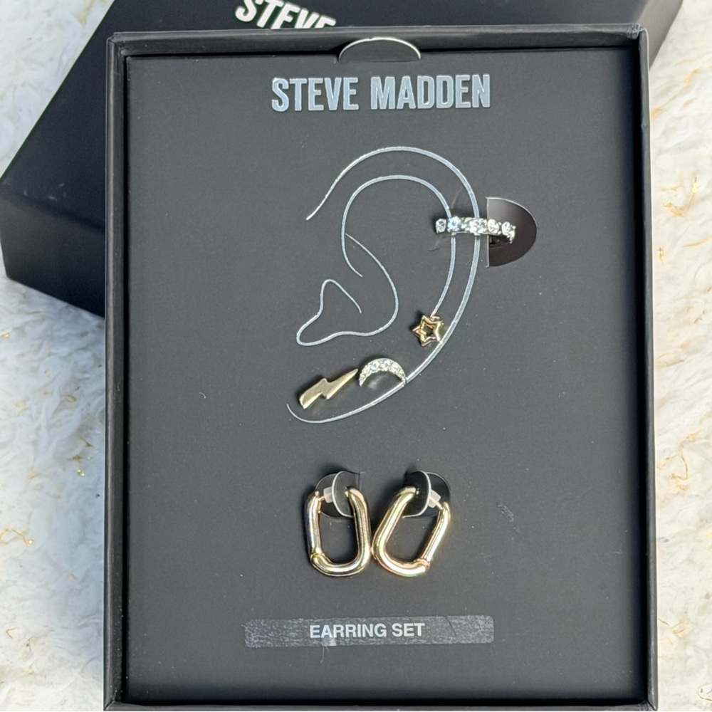 Steve Madden Earring Set Gold Tone Hoops Cuff Celestial Moon Star Lightning Bolt